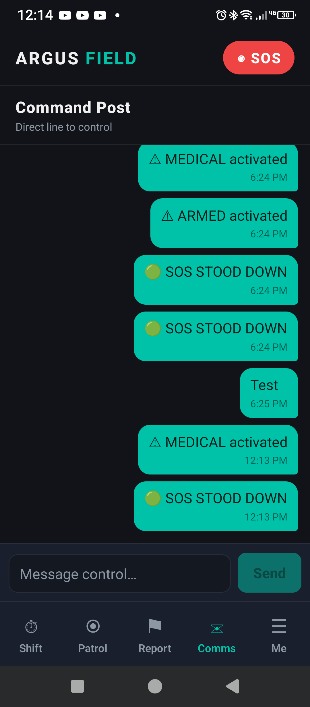 ARGUS Field app Comms tab messaging Command